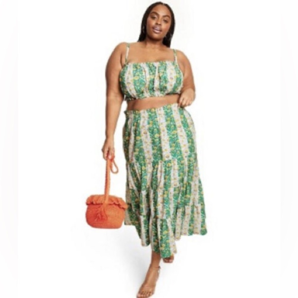 NWT and NWOT RHODE set top and maxi skirt size XL mixed whimsical floral/stripe